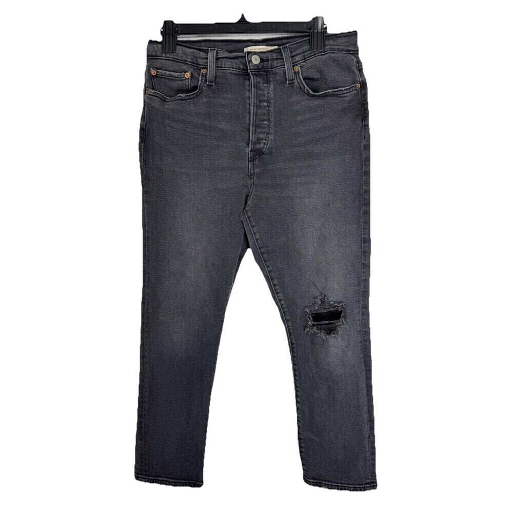 Levis Wedgie Straight Jeans Womens 31x28 Black Button Fly High Rise Distressed